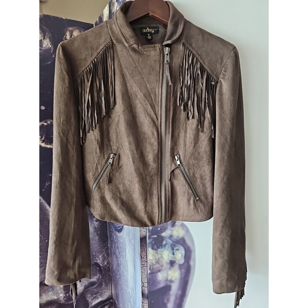 AUDREY 3 1 Women's Brown Fringe Trim Jacket w/ Zippered Pockets Suede Feel sz‎ M
